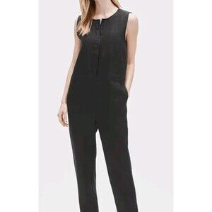 Eileen Fisher Organic Linen Round Neck Jumpsuit in Black Womens Large Minimalist